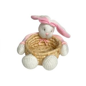 Vintage Pink Crochet Bunny Easter Decor Woven Basket